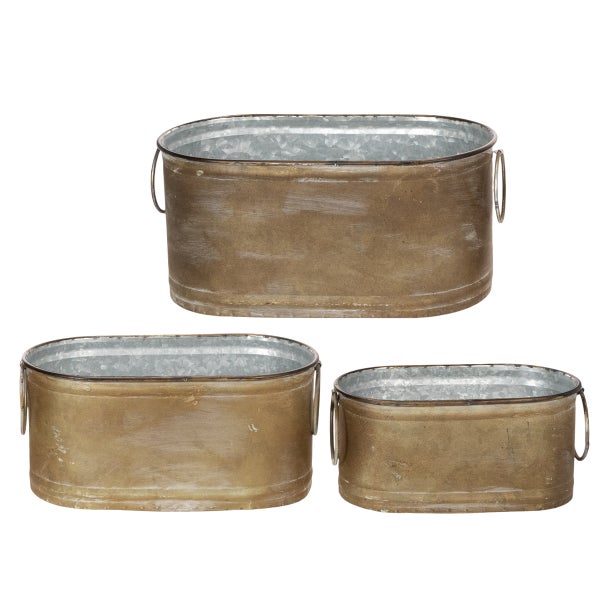Dreiteiliges Set ovaler Metallwannen in verschiedenen Größen mit Griffen und Oberfläche in antiker Bronzeoptik.