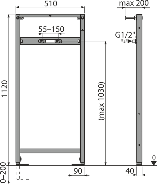 Technische Zeichnung für ein Vorwandelement mit Maßen: Höhe 1120 Millimeter, Breite 510 Millimeter und Tiefe maximal 200 Millimeter.