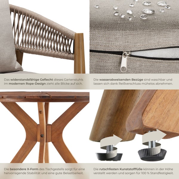 Details Gartenmöbel: Stuhl mit Seilgeflecht, wasserabweisender Kissenbezug mit Reißverschluss, X-Holzgestell und höhenverstellbare Füße.