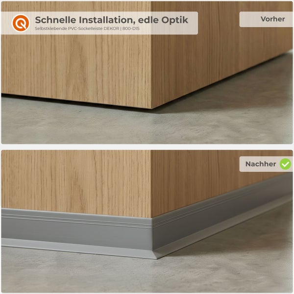 Vorher und Nachher Vergleich der Montage einer selbstklebenden PVC Sockelleiste an einer Wand mit Holzoptik Oberfläche.