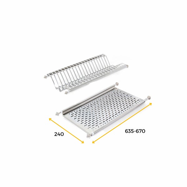 Geschirrabtropfset aus Metall mit Tellerhalter und Abtropfschale, Breite 635 bis 670 Millimeter, Tiefe 240 Millimeter.