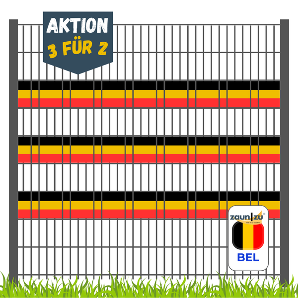 Illustration eines Zauns mit belgischen Farben und dem Schriftzug Aktion 3 für 2