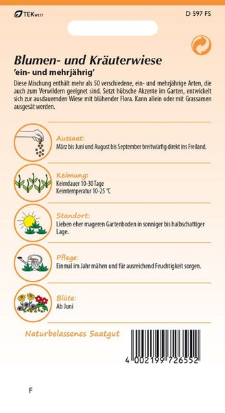 Blumen- und Kräuterwiese Saatgutpackung mit Informationen zu Aussaat, Keimung, Standort, Pflege und Blütezeit