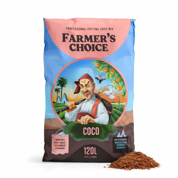 Farmer's Choice Professional Potting Coco Mix Kokossubstrat 120 Liter zur Verbesserung der Wurzelentwicklung und Drainage.