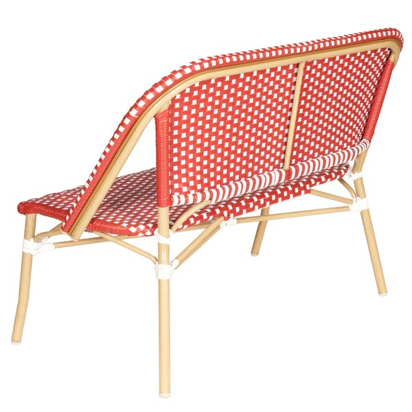 Gartenbank Bistro für zwei Personen mit rot-weißem Kunststoffgeflecht und hellem Gestell in Rattan-Optik.