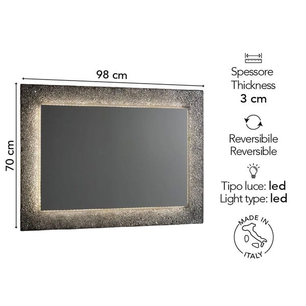 Rechteckiger Badezimmerspiegel mit LED-Beleuchtung, Strukturrahmen, 98 mal 70 Zentimeter, Tiefe 3 Zentimeter. Reversibel, hergestellt in Italien.