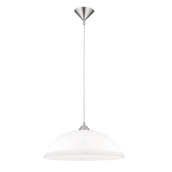 Moderne Hängeleuchte mit kuppelförmigem Glasschirm und metallischer Deckenhalterung zur Beleuchtung von Wohnräumen
