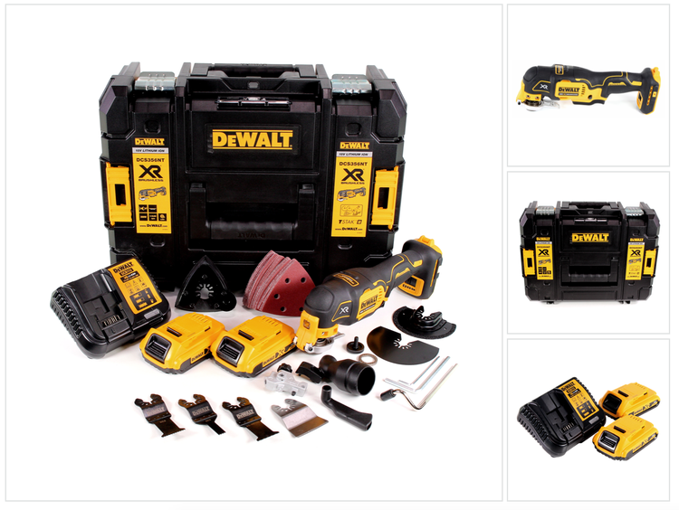 DeWALT Akku-Multitool DCS356 Set mit TSTAK-Koffer, zwei Akkus, Ladegerät und vielseitigem Zubehör wie Sägeblättern und Schleifpapier.
