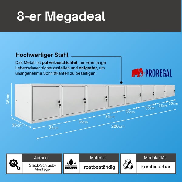 Achtteiliges Set aus Schließfächern von Proregal aus pulverbeschichtetem, rostbeständigem Stahl. Maße pro Fach 35 mal 35 mal 35 Zentimeter. Proregal Logo.