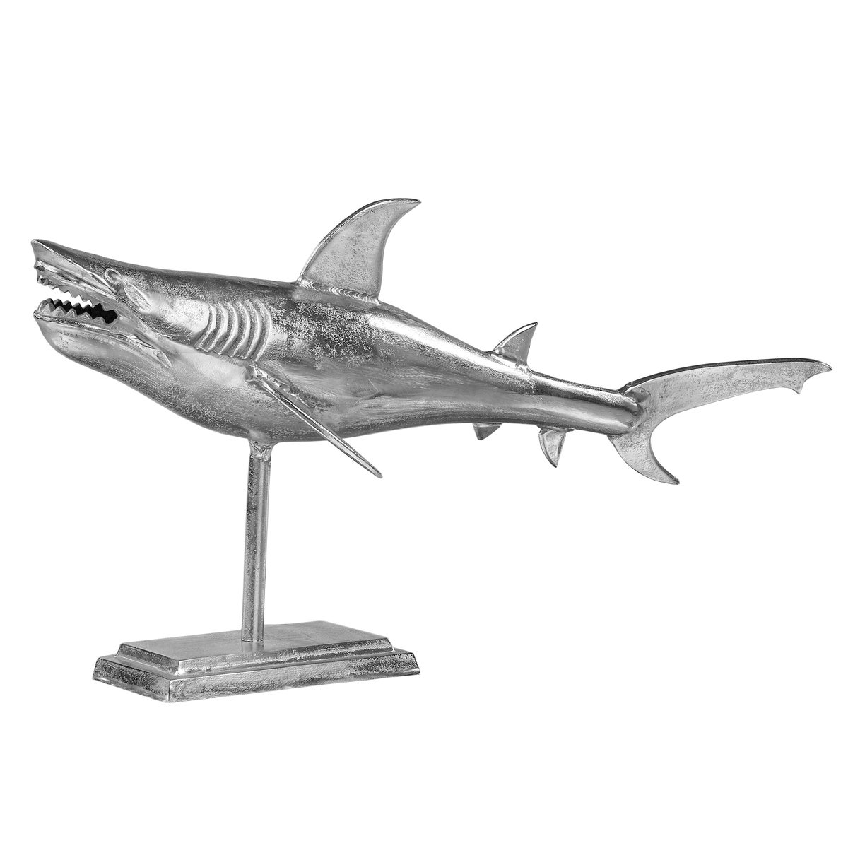 WOMO-DESIGN Hai-Skulptur mit standfuß 106x36x61 cm Unikat, aus poliertes Aluminium mit Nickel Finish, Silber Glänzend, Maritimes Design, Haifisch Statue Dekofigur Fisch Tierfiguren Wohndekoration