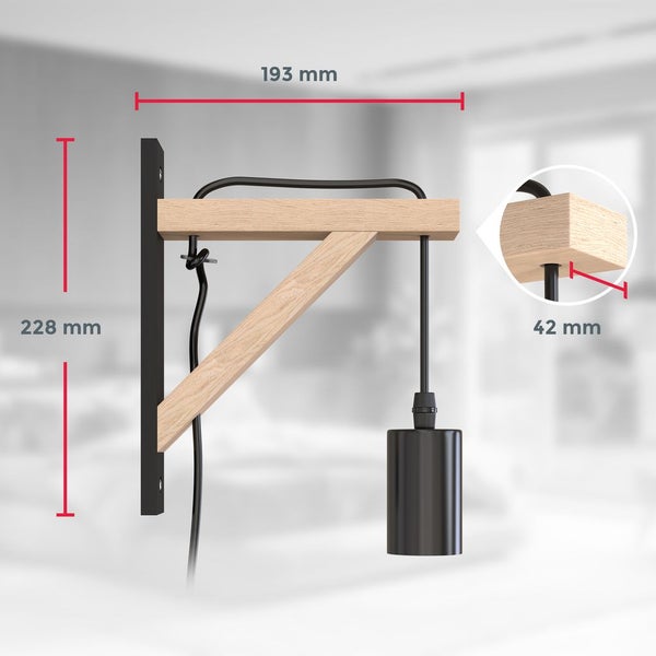 Wandleuchte - retro, schalter, mit Stecker, E27 Fassung, schwarz