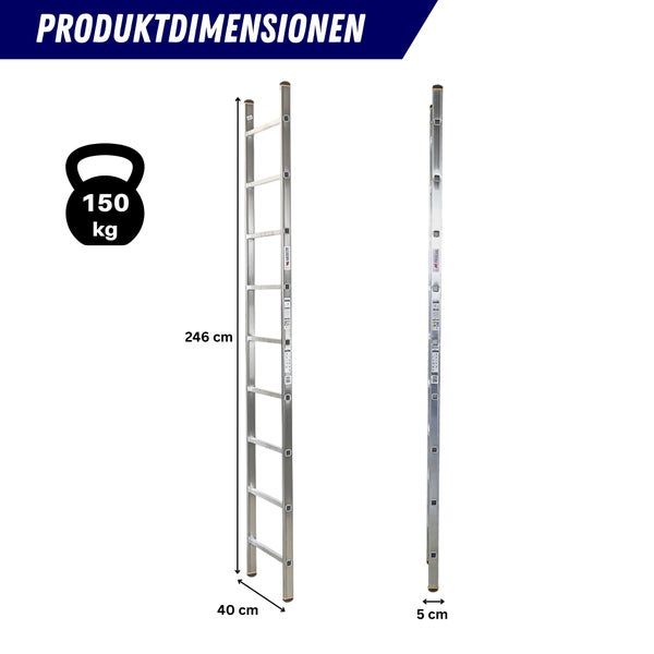 Produktdarstellung einer Aluminiumleiter mit den Maßen 246 cm Höhe, 40 cm Breite und 5 cm Tiefe, maximale Traglast 150 kg.