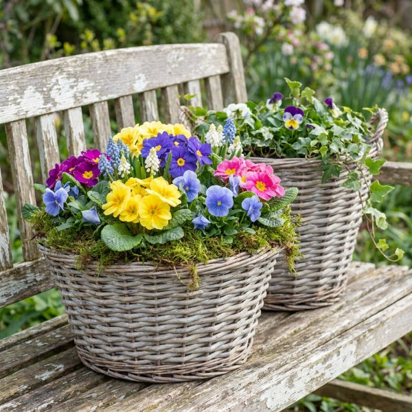 Zwei Weidenkörbe gefüllt mit bunten Primeln und Stiefmütterchen stehen auf einer hölzernen Gartenbank.