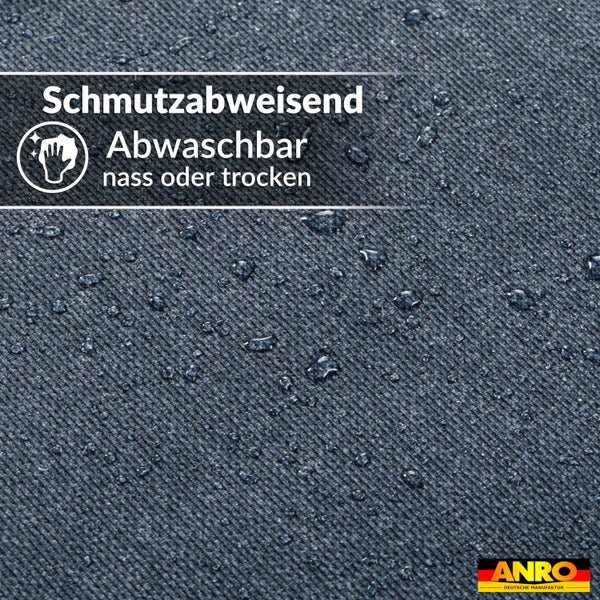 Wassertropfen auf schmutzabweisendem, nass oder trocken abwaschbarem Material. ANRO Deutsche Manufaktur Logo.