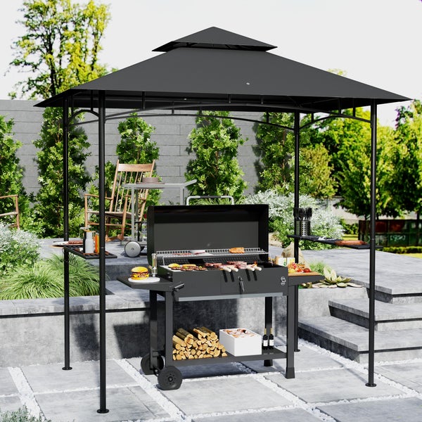 Outsunny Grillpavillon mit LED 240 x 150 x 258 cm wasserabweisend flammhemmend Gartenpavillon mit Doppelschichtdach, Seitenregalen, Gartenlauben mit UV-Schutz, BBQ Pavillon für Party BBQ Dunkelgrau