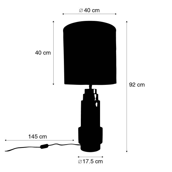 Abbildung einer Lampe mit den Maßen 40 cm Durchmesser Lampenschirm, 40 cm Höhe Lampenschirm, 92 cm Gesamthöhe, 17,5 cm Durchmesser Lampenfuß, 145 cm Kabellänge