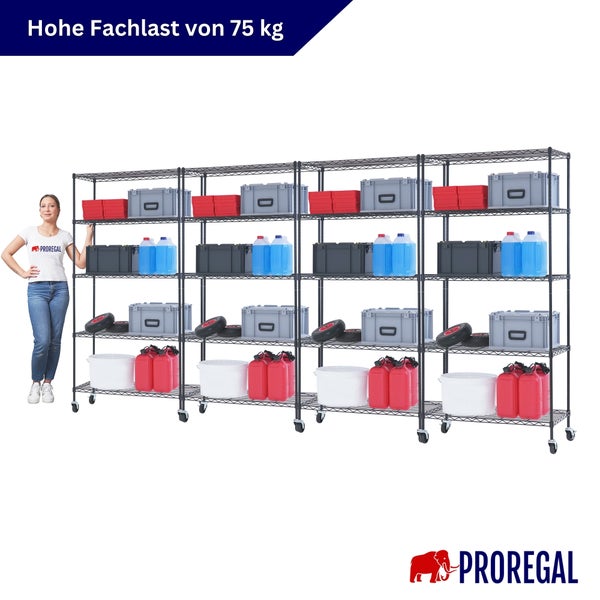 Vierteiliges Drahtgitterregal auf Rollen, beladen mit Lagerboxen und Kanistern, 75 Kilogramm Fachlast pro Boden, Proregal Logo.