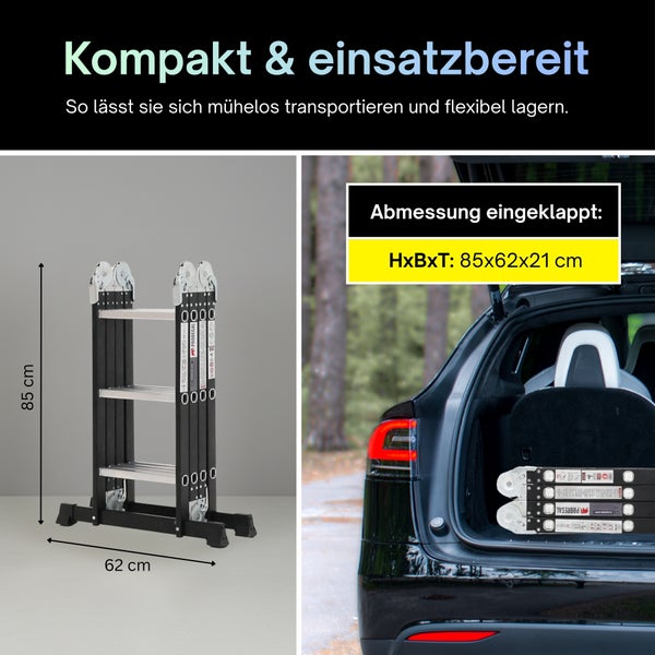 Kompakte Gelenkleiter im eingeklappten Zustand mit Maßangaben von 85 mal 62 mal 21 Zentimeter für einen leichten Transport im Kofferraum.