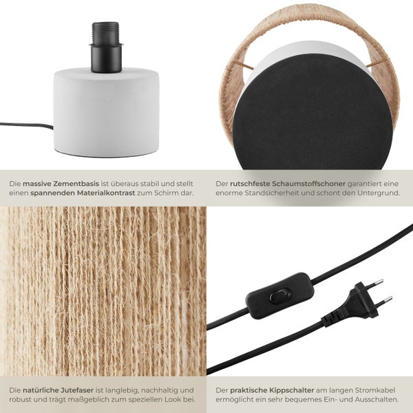 tectake Klea Tischleuchte Klea aus Jute im Boho-Stil, 60W Zementfuß mit Schaumstoffschoner, 20,5 x 30,5 cm natur