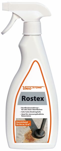 Unio Stone Rostex Rostfleckenentferner für Steinoberflächen in der Sprühflasche, reicht für bis zu 10 Quadratmeter.