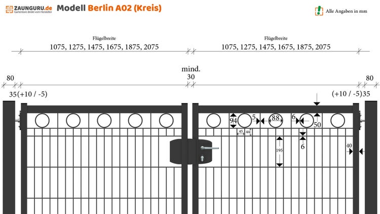 Gartentor ZAUNGURU BASIC-Line Berlin Kreis aus Metall, Höhe: 143cm, Breite: 321cm, 2-flügelig inkl. Pfosten, Schloss und Zubehör, Feuerverzinkt und in RAL 7016 Anthrazitgrau pulverbeschichtet