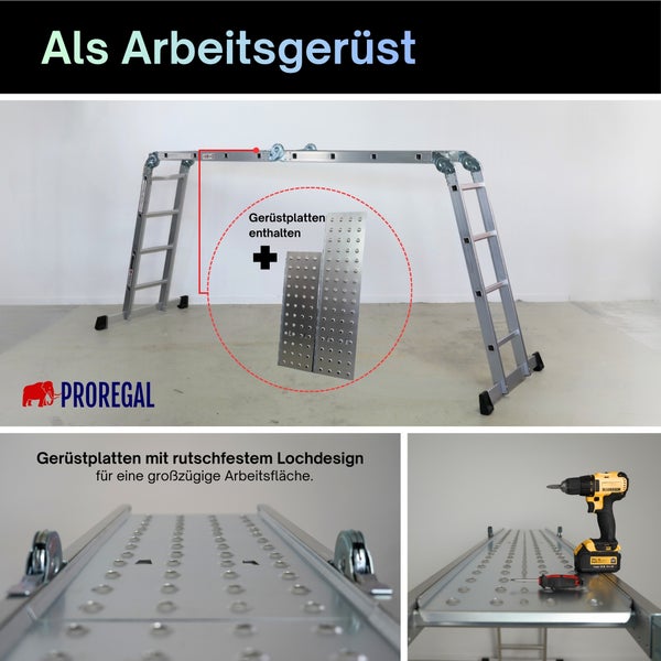 Proregal Mehrzweckleiter als Arbeitsgerüst mit rutschfesten, gelochten Gerüstplatten aus Metall für eine große Arbeitsfläche. Proregal Logo.