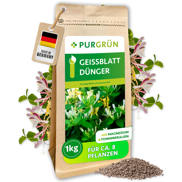 PURGRÜN Geißblatt Dünger 1 kg Packung mit Magnesium und Tonmineralien für üppige Blüten und intensiven Duft, hergestellt in Deutschland.