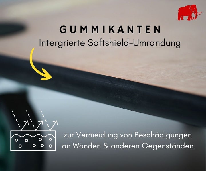 Nahaufnahme einer integrierten Gummikante an einer Holzoberfläche zum Schutz von Wänden und Gegenständen vor Beschädigungen. Hornbach Logo.