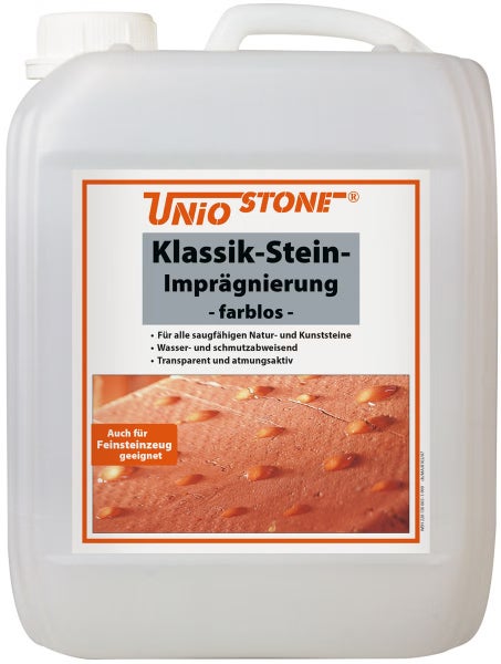Unio Stone Klassik-Stein-Imprägnierung farblos für Naturstein und Kunststein, wasser- und schmutzabweisend, im Kunststoffkanister.