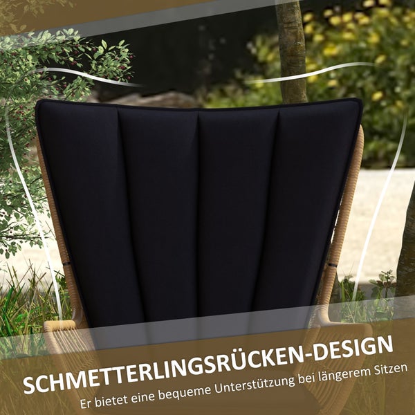 Rückseite eines Korbsessels mit schwarzer Polsterung im Schmetterlingsrücken-Design