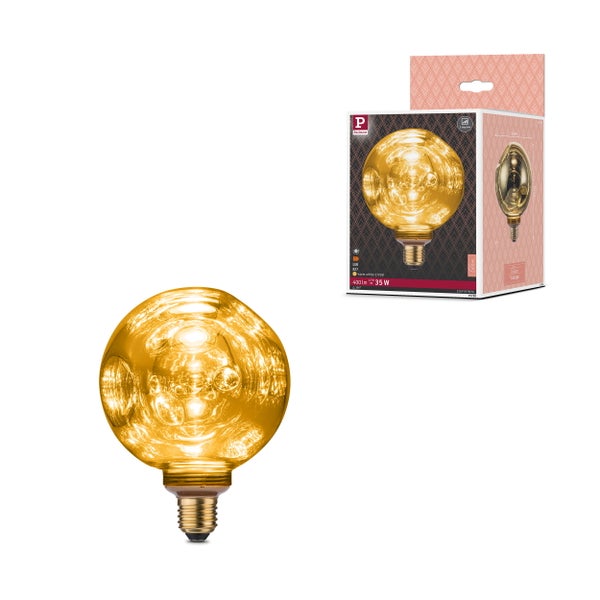 Paulmann LED Globe E27 mit goldenem Effektglas, 4,7 Watt, 400 Lumen, warmweiß, dimmbar in drei Stufen, inklusive Verpackung.