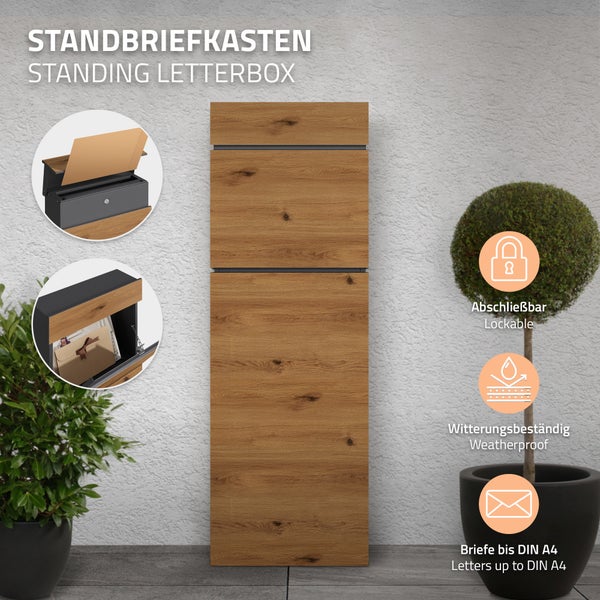 Moderner Standbriefkasten in Eichenholzoptik, abschließbar und witterungsbeständig, für Briefe bis DIN A4 geeignet.