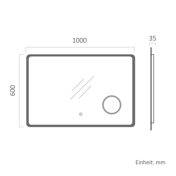 Maßzeichnung eines Badezimmerspiegels mit integriertem Vergrößerungsbereich, Maße 1000 mal 600 Millimeter, Tiefe 35 Millimeter.