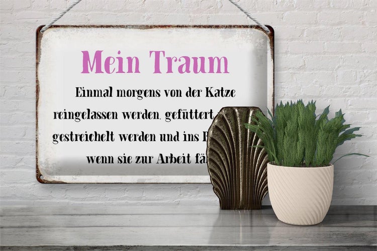 Blechschild Spruch 30x20cm mein Traum von Katze gefüttert