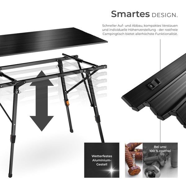 Höhenverstellbarer Campingtisch aus wetterfestem Aluminium mit rollbarer Tischplatte, rostfrei und kompakt zusammenklappbar.