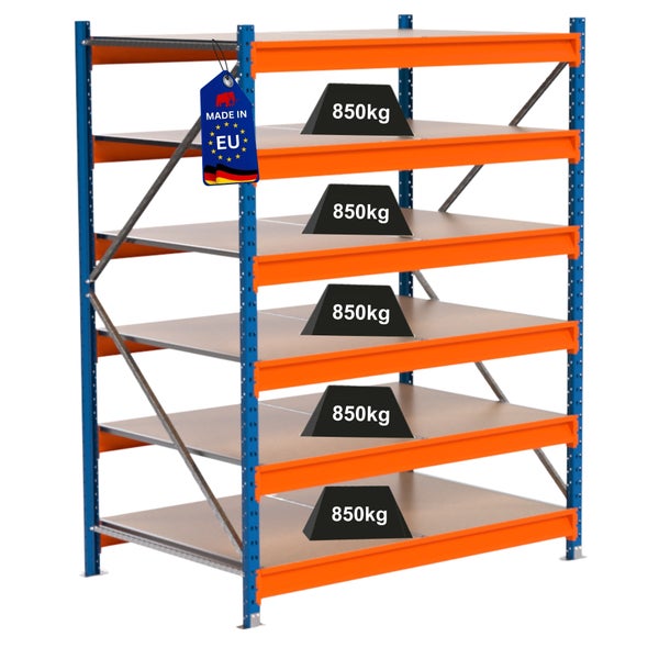 Schwerlastregal mit fünf Regalböden und einer Traglast von 850 Kilogramm pro Ebene, Hergestellt in Europäische Union