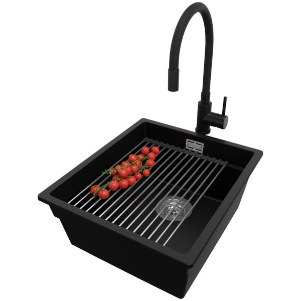 PRIMAGRAN Granitspüle Schwarz 41x47cm, Spülbecken 1 Becken + Küchenarmatur 40x38cm + Ablauf-Set + Aufrollbare Abtropffläche, Küchenspüle ab 45er Unterschrank - Praga Slim