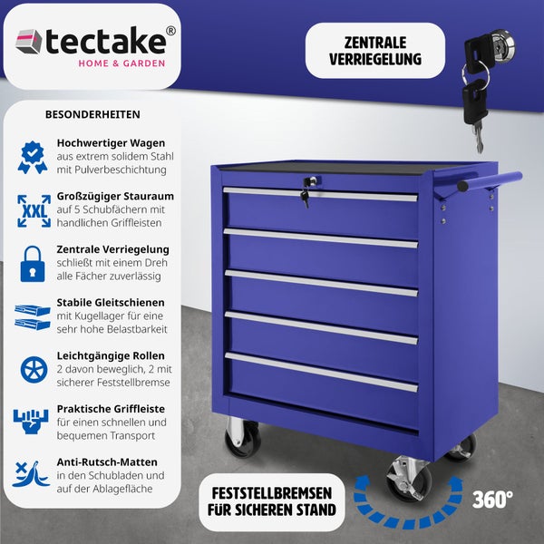 Werkzeugwagen tectake  Rollen Ø 100 mm 5 kugelgelagerte Schubladen mit Antirutschmatten blau