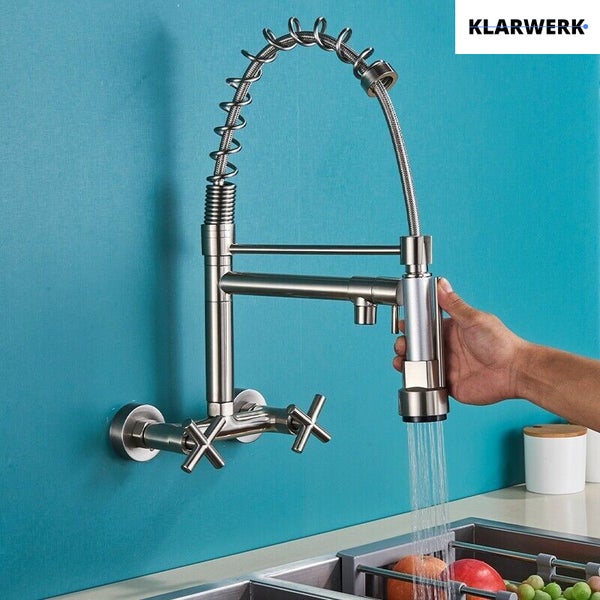 Björn | Gastronomie Wandmontage Armatur Silber gebürstet | Profi Küchenarmatur Edelstahl Zwei Brausen | Doppelspülbecken Wasserhahn Restaurant Wand