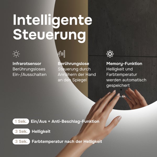 Infografik zur intelligenten Steuerung eines Badspiegels mit Infrarotsensor, Berührungsloser Bedienung, Memory Funktion und Zeitfunktionen.