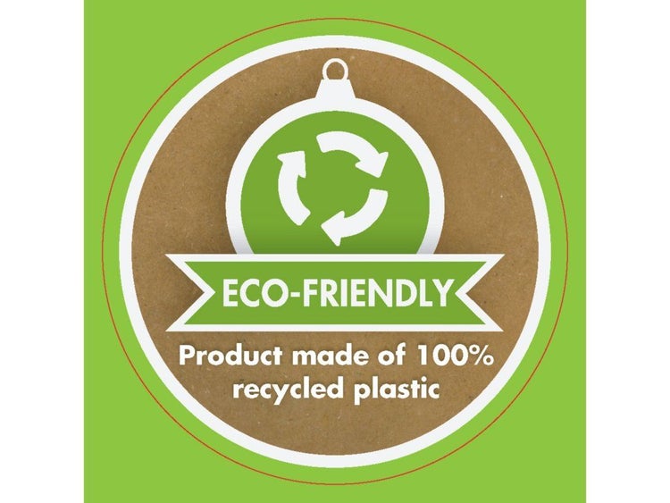 Umweltsiegel für umweltfreundliches Produkt aus einhundert Prozent recyceltem Kunststoff