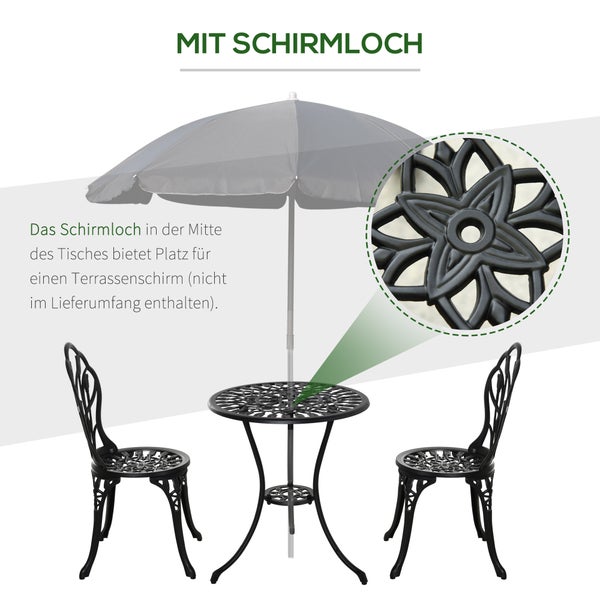 Bistro-Set aus Aluminiumguss mit rundem Tisch und zwei Stühlen, Tischmitte mit Schirmloch für Sonnenschirme.