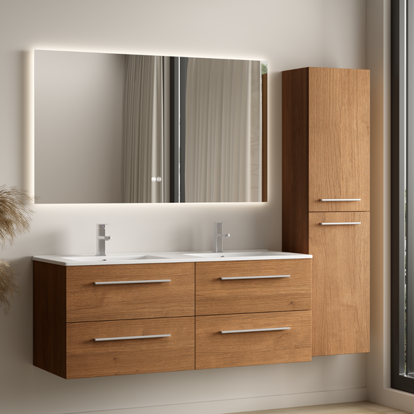 Badezimmermöbel Set mit Doppelwaschtisch aus Holz, vier Schubladen, Hochschrank und beleuchtetem Spiegel in moderner Ausführung.