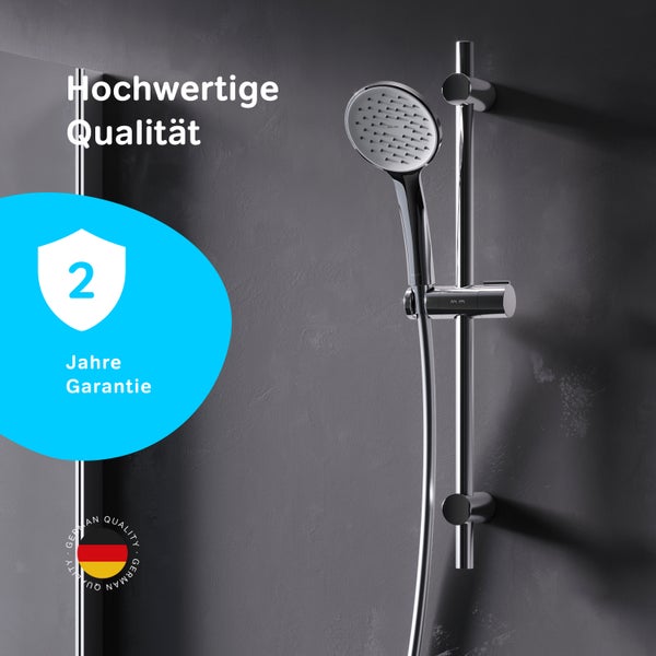 Duschset mit Handbrause und Duschstange sowie zwei Jahren Garantie und dem German Quality Siegel.