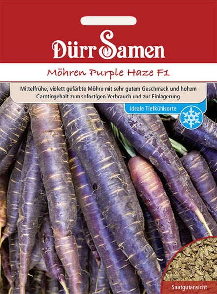 Dürr Samen Logo auf Samentüte für Möhren Purple Haze F1 mit Abbildung violetter Möhren, einer Saatgutansicht und Symbol zum Einfrieren geeignet.