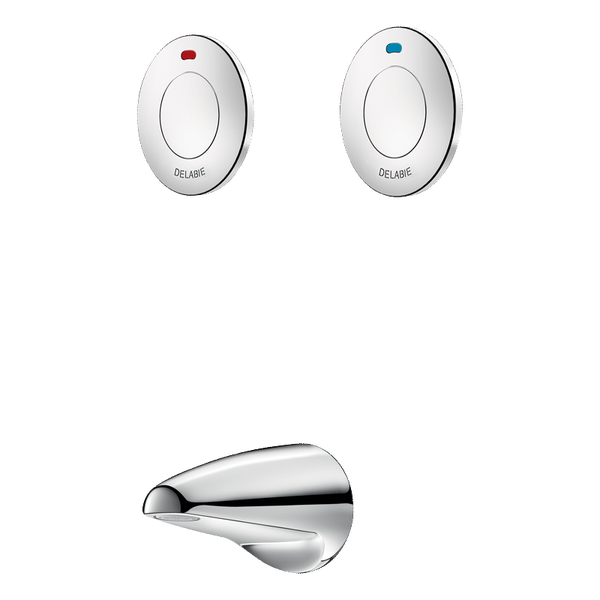 Verchromte Delabie Wandarmatur bestehend aus einem Auslauf und zwei runden Bedienfeldern für Warmwasser und Kaltwasser, Delabie Logo.