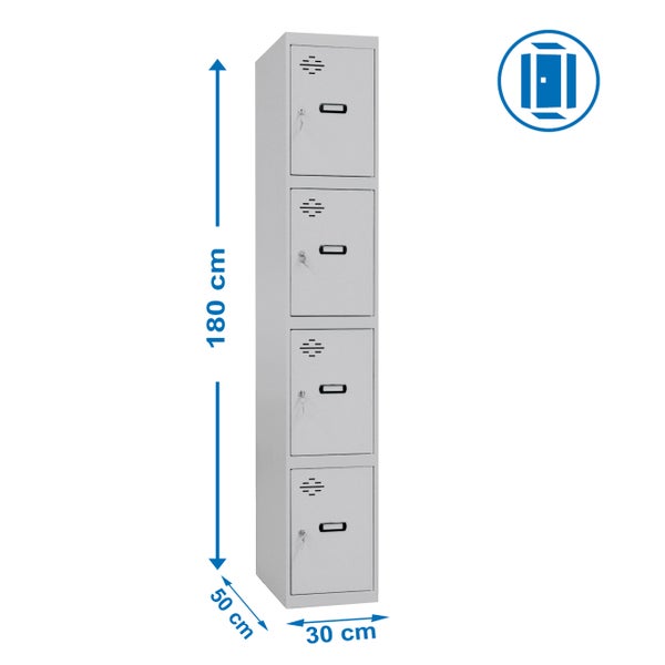 Metall-Garderobenschrank mit vier Abteilen und den Maßen 180 cm Höhe, 50 cm Breite und 30 cm Tiefe.