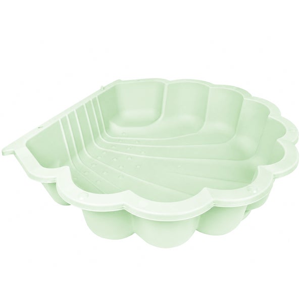 Grüner, muschelförmiger Sandkasten und Planschbecken aus Kunststoff.