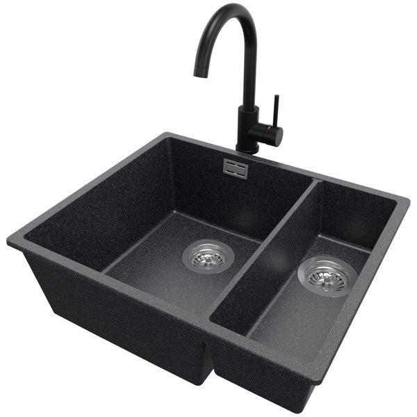 PRIMAGRAN Unterbauspüle Granit Anthrazit 56x47cm, Spülbecken 1,5 Becken + Küchenarmatur 32x20cm + Ablauf-Set, Granitspüle ab 60er Unterschrank - London Duo