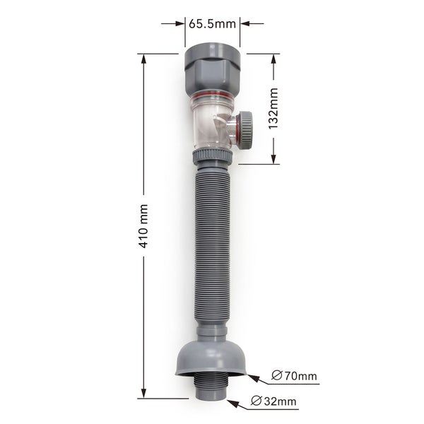 Flexibler Siphon mit Maßen: Höhe 410 Millimeter, Breite oben 65,5 Millimeter, Durchmesser unten 70 und 32 Millimeter.